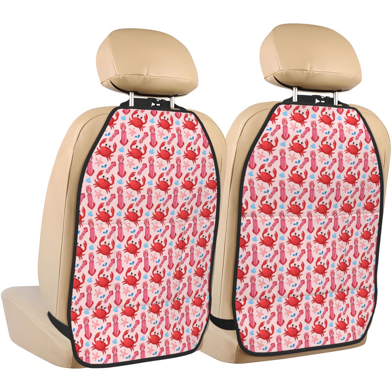 Kdxio Crabs Starfish Print 2 Pack Car Kick Mat Seat Cover Back Protector Mat with Pockets for Organizer Backseat Protector and Storage Anti Kick Pad for Vehicles