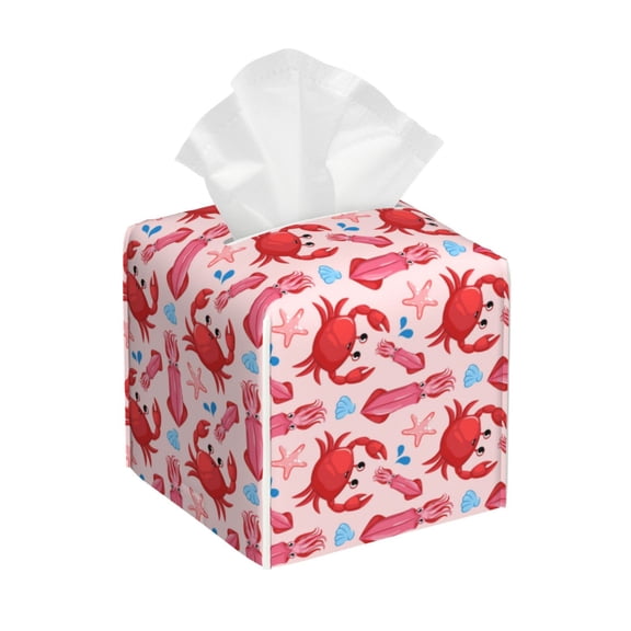Kdxio Crabs Starfish Print Tissue Box Cover,Square Decorative PU Leather Facial Paper Case Organizer Holder Dispenser for Bathroom,Night Stands,Desk,Car 5.2''X5.2''X5.2''