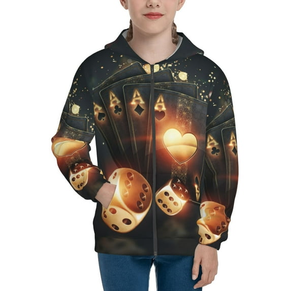 Kdxio Creative Poker Pattern Kids Boys Girls Zip Up Hoodie 3D Printed Hooded Sweatshirt Hoody Coat with Pocket 7-12 Y-Small