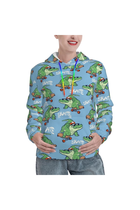 Crocodile Riding Skateboard Print Womens Oversized Hoodies Sweatshirts Hooded Pullover Tops Sweaters Casual-Medium