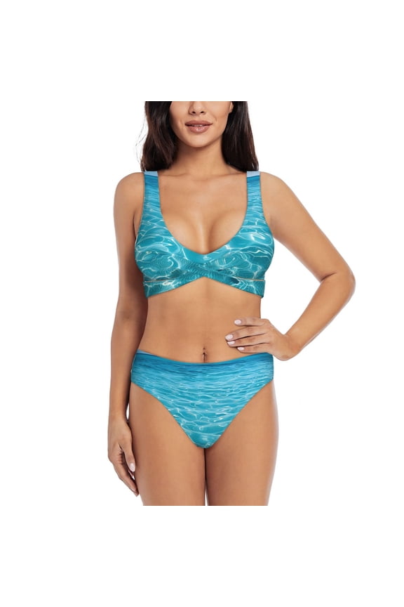 Crystal Clear Ocean Waves Print Women's 2 Piece High Waisted Wrap Spaghetti Strap Summer Swimsuit Bikini Set-Medium