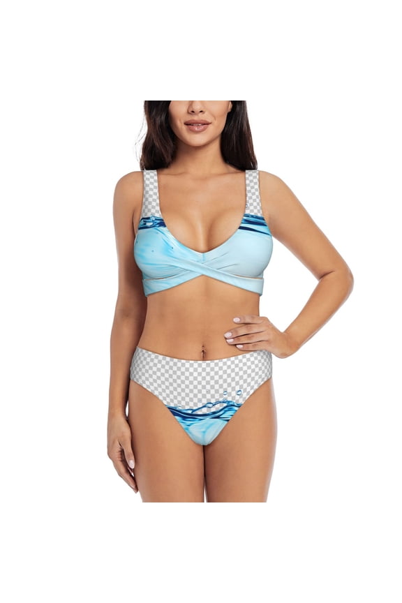 Crystal Clear Water Splash Print Women's 2 Piece High Waisted Wrap Spaghetti Strap Summer Swimsuit Bikini Set-Medium