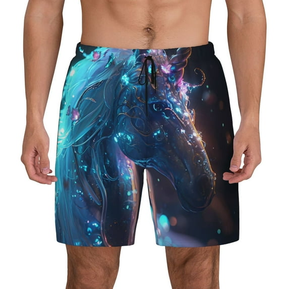 Kdxio Crystal Pattern White Horse Print Men's Swim Trunks with Compression Liner 7 Inch Inseam Quick Dry Swim Shorts
