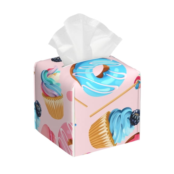 Kdxio Cupcakes and Donuts Print Tissue Box Cover,Square Decorative PU Leather Facial Paper Case Organizer Holder Dispenser for Bathroom,Night Stands,Desk,Car 5.2''X5.2''X5.2''