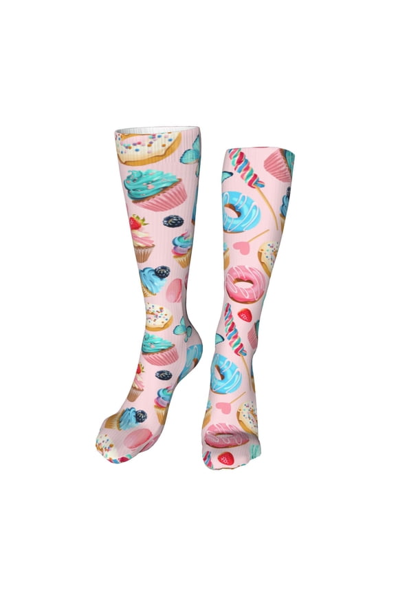Cupcakes and Donuts Funny Silky Novelty Funky Long Knee High Socks Soft 3D Print Cosplay Crazy Stockings for Men Women