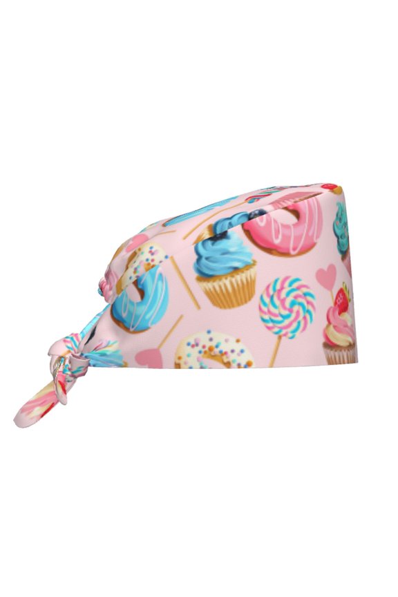Cupcakes and Donuts Pattern Turban Hat for Women Men Comfortable Adjustable Cleaning Working Cap with Sweatband