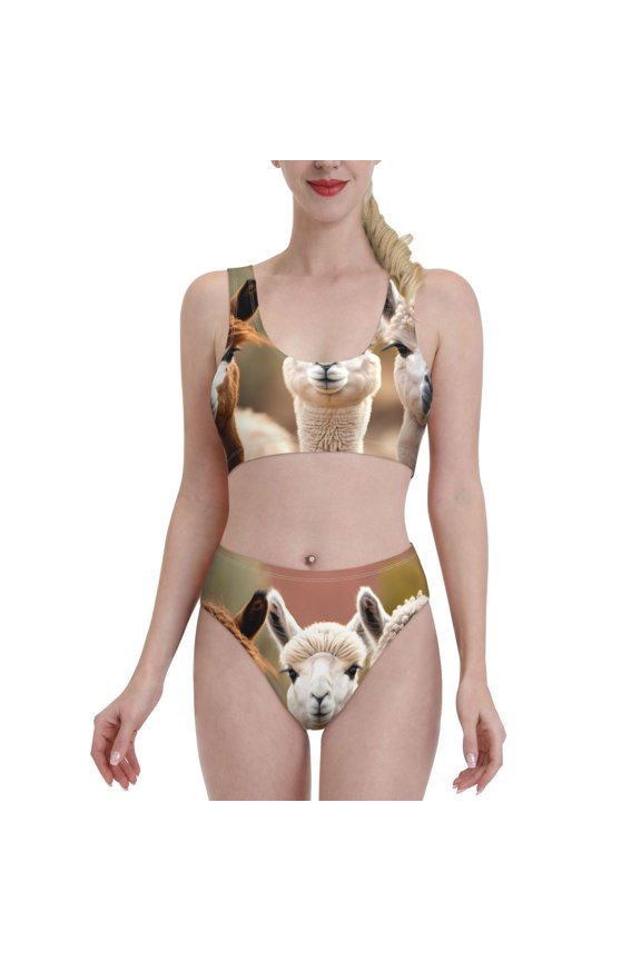 Cute Alpaca in Daze for Womens High Waisted Bikini Top Sports Style Two Piece Bathing Suits