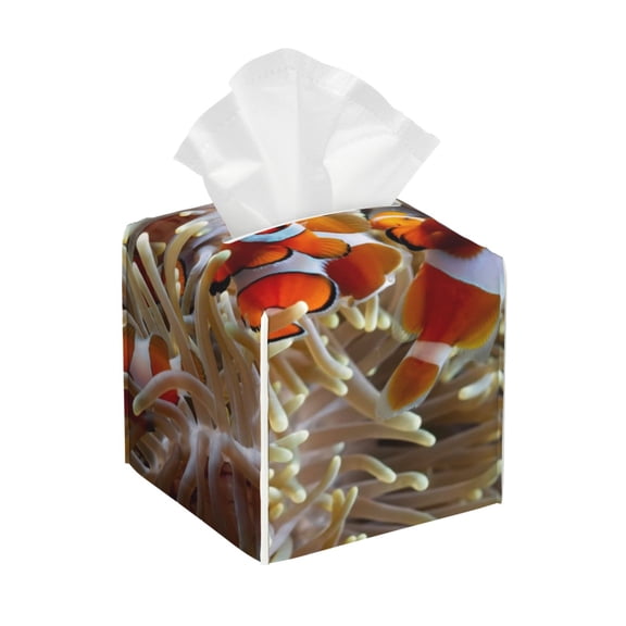 Kdxio Cute Anemone Fish Print Tissue Box Cover,Square Decorative PU Leather Facial Paper Case Organizer Holder Dispenser for Bathroom,Night Stands,Desk,Car 5.2''X5.2''X5.2''