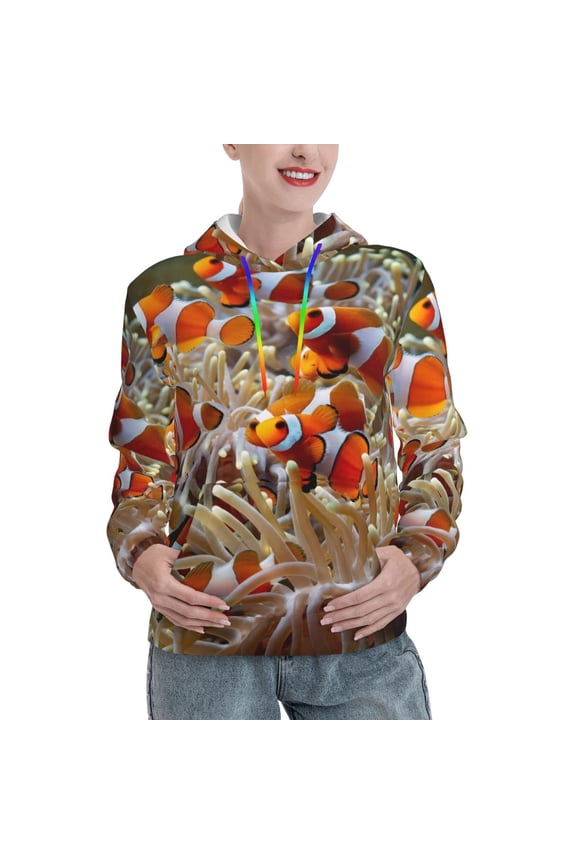 Cute Anemone Fish Print Womens Oversized Hoodies Sweatshirts Hooded Pullover Tops Sweaters Casual-Medium