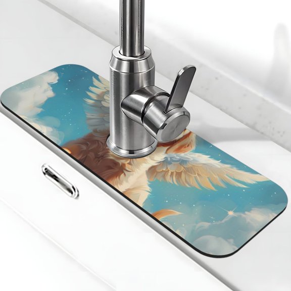 Kdxio Cute Angel Winged Dog Pattern Non-Slip Diatom Mud Faucet Drain Pad,Self Absorbent Mat for Kitchen Sink for Variety Kitchen & Bathroom Countertops