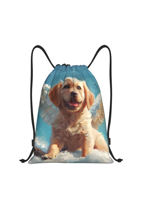 Cute Angel Winged Dog Print Drawstring Backpack Bag,Waterproof Draw String Back Sack, Gym Drawstring Bags Swim Bag For Unisex