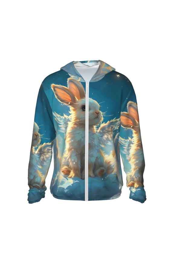 Cute Angel Winged Rabbit Print Women Men Sun Protection UPF 50+ Jackets Zip Up Long Sleeve Hoodie Hiking Lightweight with Pockets