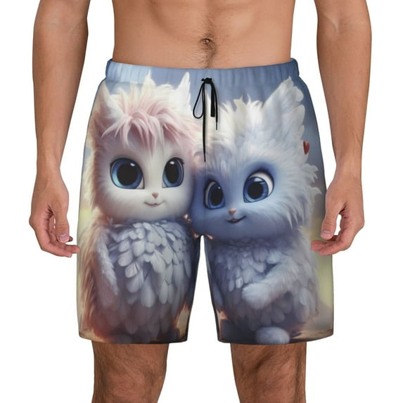 Kdxio Cute Animal Couple Print Men's Swim Trunks with Compression Liner 7 Inch Inseam Quick Dry Swim Shorts