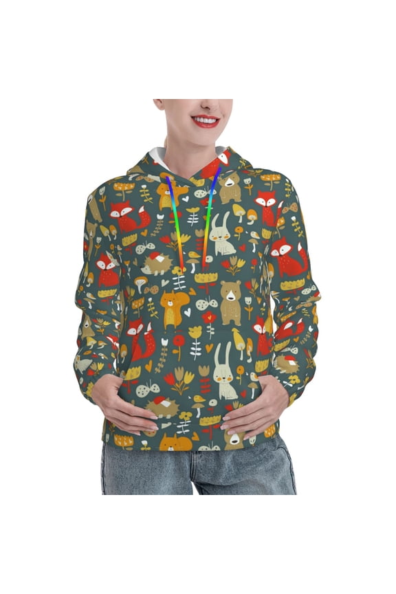Cute Animal Forest Print Womens Oversized Hoodies Sweatshirts Hooded Pullover Tops Sweaters Casual-Large