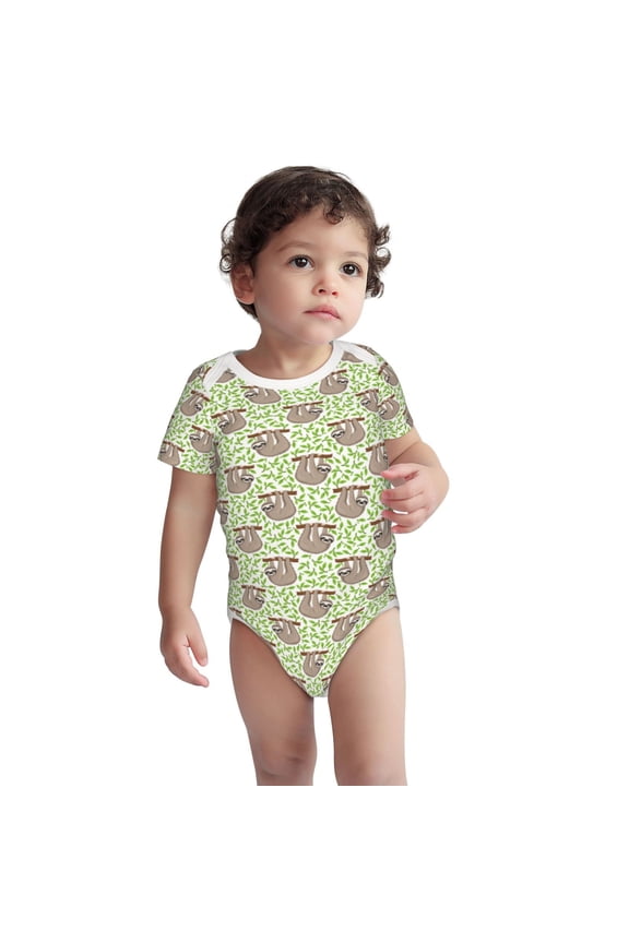 Cute Animal Sloth On A Branch Pattern Unisex Baby Cotton Short Sleeve Bodysuits-3 Months
