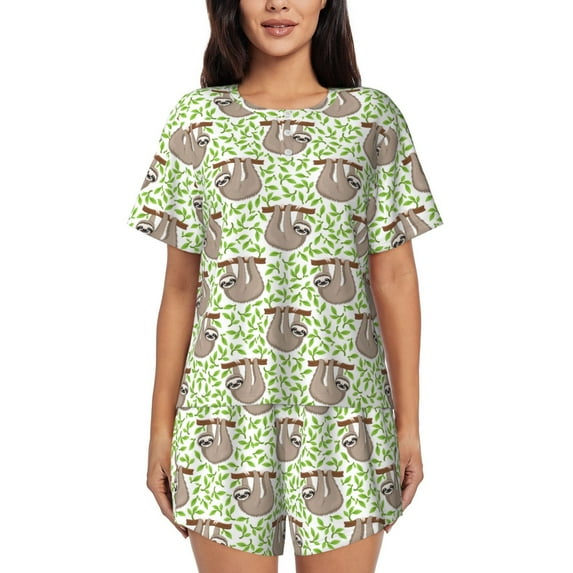 Kdxio Cute Animal Sloth On A Branch Print Pajamas Sets for Women Short-Sleeved Pjs with Lounge Shorts Two Piece Sleepwear S-4XL