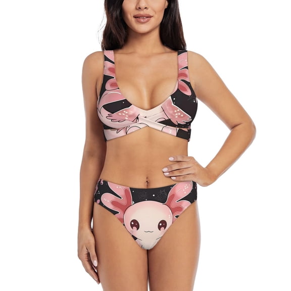 Kdxio Cute Axolotl Sakura Blossoms Print Women's 2 Piece High Waisted Wrap Spaghetti Strap Summer Swimsuit Bikini Set-Medium