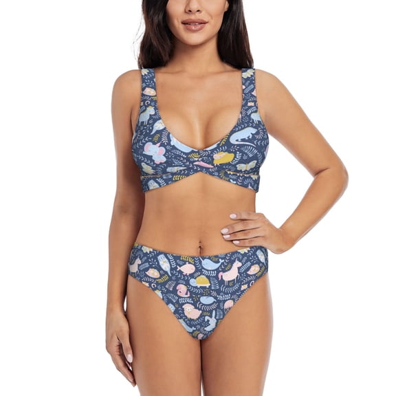 Kdxio Cute Baby Animals Print Women's 2 Piece High Waisted Wrap Spaghetti Strap Summer Swimsuit Bikini Set-Medium