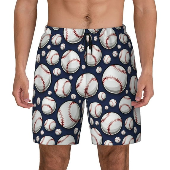 Kdxio Cute Basebal Print Men's Swim Trunks with Compression Liner 7 Inch Inseam Quick Dry Swim Shorts
