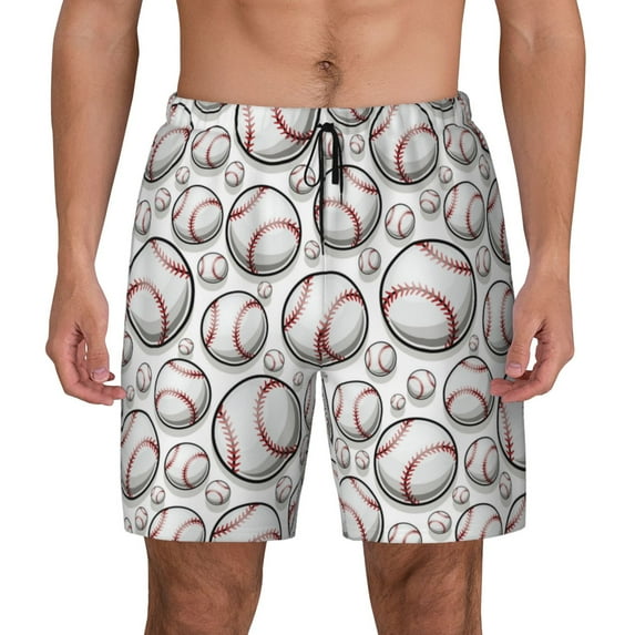 Kdxio Cute Baseball Print Men's Swim Trunks with Compression Liner 7 Inch Inseam Quick Dry Swim Shorts