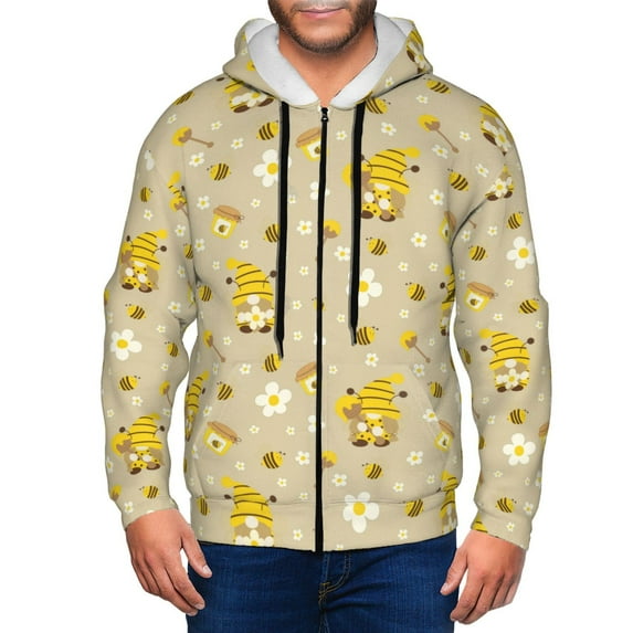 Kdxio Cute Bee Gnome 2 Print Men Hoodies Casual Hoodies for Men with Zip Pockets Full Zip Long Sleeve Sweatshirt Sports Hooded Jacket-Large