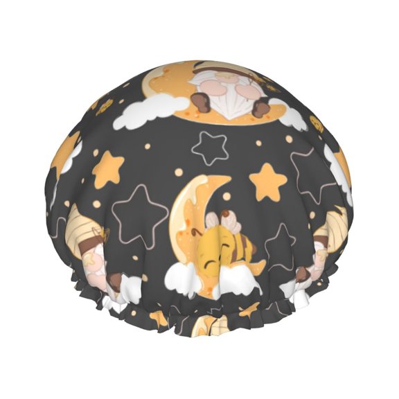 Kdxio Cute Bee Gnome Print Shower Cap for Women,Elastic and Reusable,Double Waterproof Layers Bathing Hat