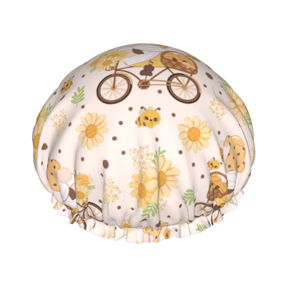 Kdxio Cute Bee Gnome1 Print Shower Cap for Women,Elastic and Reusable,Double Waterproof Layers Bathing Hat