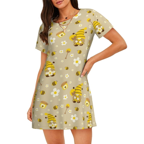 Kdxio Cute Bee Gnomes Pattern Womens Short Sleeve Sleepshirt Scoopneck Cute Nightdress Ruffle Comfy Nightgown