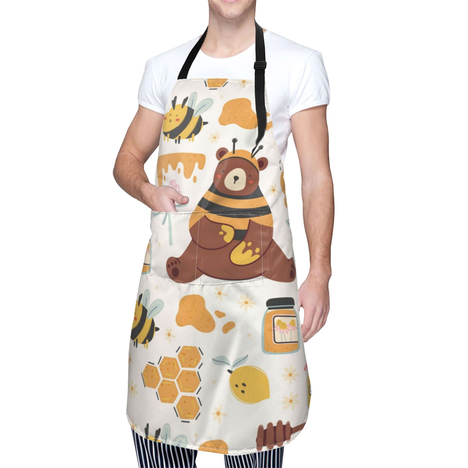 Kdxio Cute Bee Honey Jar Hive Bear Apron with Pockets Adjustable Kitchen Aprons for Men Women Waterproof Aprons for Cooking,Drawing,Crafting, Baking Household Cleaning
