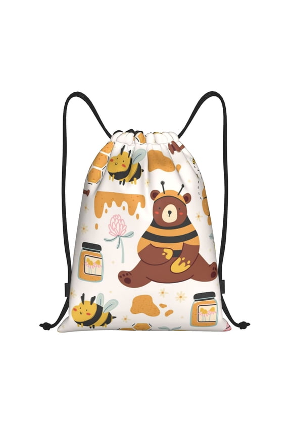 Cute Bee Honey Jar Hive Bear Print Drawstring Backpack Bag,Waterproof Draw String Back Sack, Gym Drawstring Bags Swim Bag For Unisex