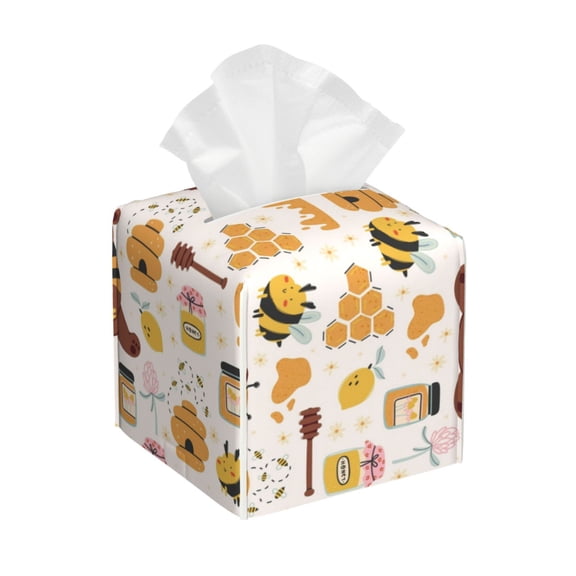 Kdxio Cute Bee Honey Jar Hive Bear Print Tissue Box Cover,Square Decorative PU Leather Facial Paper Case Organizer Holder Dispenser for Bathroom,Night Stands,Desk,Car 5.2''X5.2''X5.2''