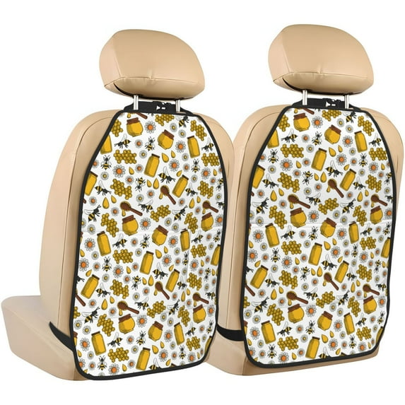 Kdxio Cute Bee Print 2 Pack Car Kick Mat Seat Cover Back Protector Mat with Pockets for Organizer Backseat Protector and Storage Anti Kick Pad for Vehicles