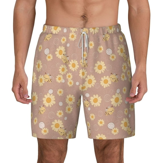 Kdxio Cute Bee Print Men'S Swim Trunks With Compression Liner 7 Inch Inseam Quick Dry Swim Shorts