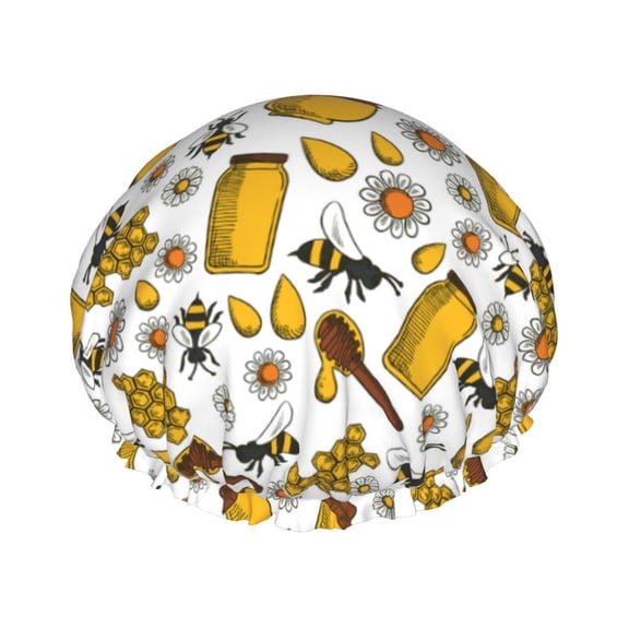 Kdxio Cute Bee Print Shower Cap for Women,Elastic and Reusable,Double Waterproof Layers Bathing Hat