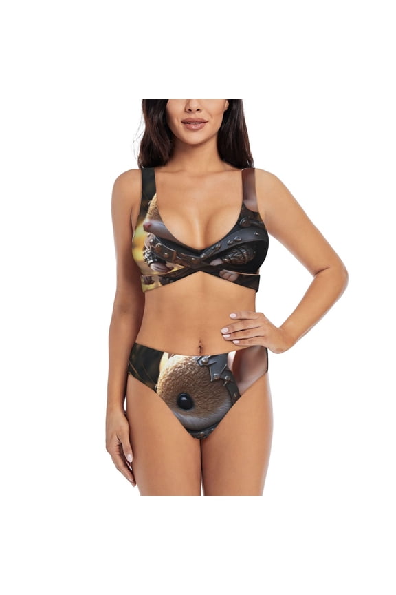 Cute Big-Eared Mouse Print Women's 2 Piece High Waisted Wrap Spaghetti Strap Summer Swimsuit Bikini Set-XX-Large