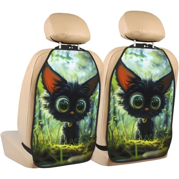 Kdxio Cute Big-Eyed Black Cat Print 2 Pack Car Kick Mat Seat Cover Back Protector Mat with Pockets for Organizer Backseat Protector and Storage Anti Kick Pad for Vehicles