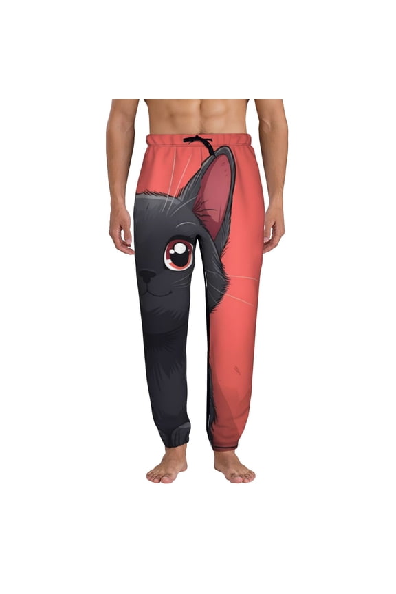 Cute Black Kitten Cartoon Pattern Joggers,Sweatpants for Men with Pockets-Large