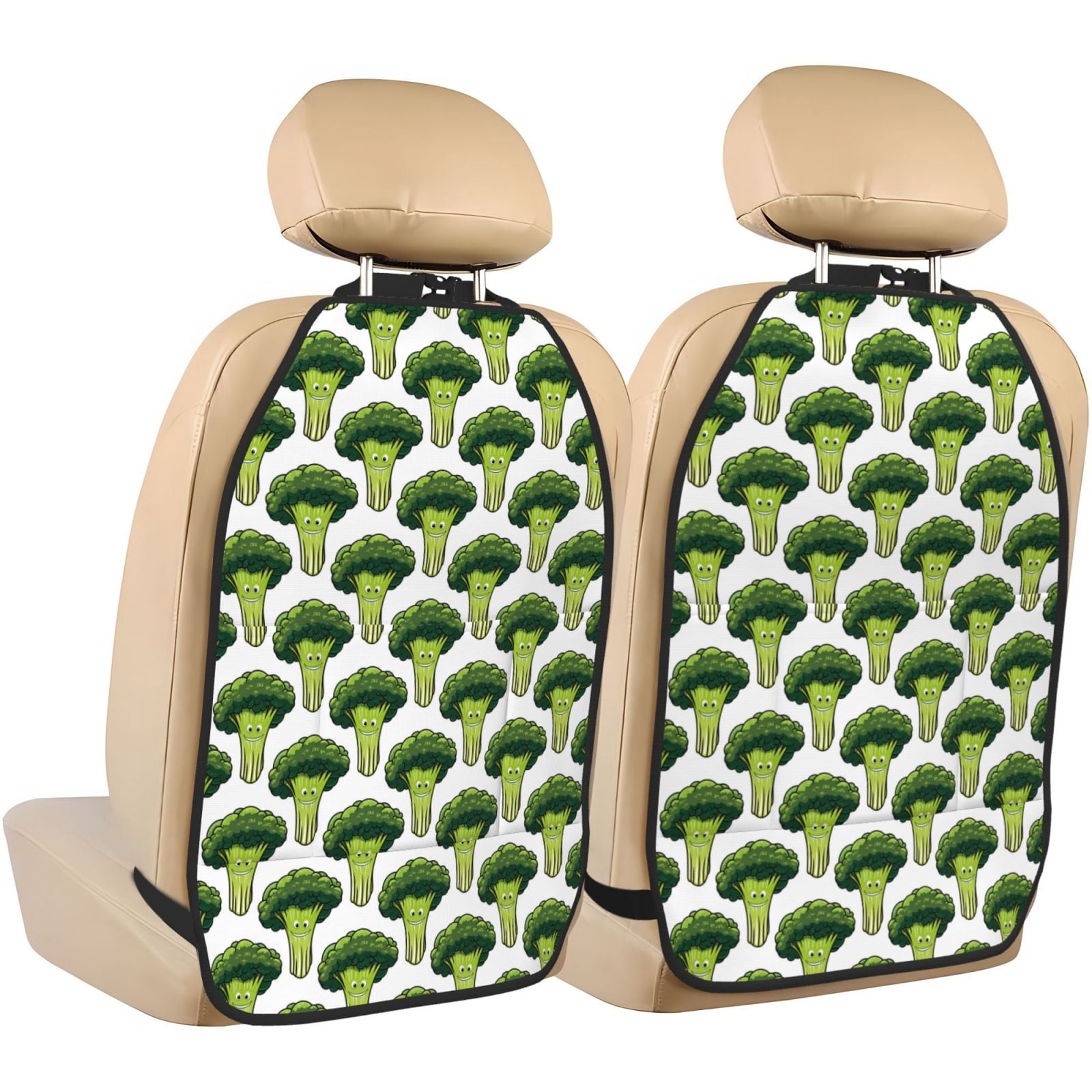 Kdxio Cute Broccoli Print 2 Pack Car Kick Mat Seat Cover Back Protector Mat with Pockets for Organizer Backseat Protector and Storage Anti Kick Pad for Vehicles