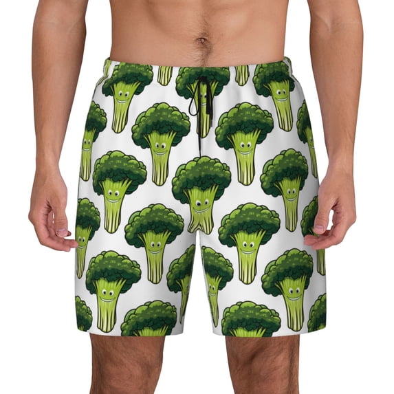 Kdxio Cute Broccoli Print Men's Swim Trunks with Compression Liner 7 Inch Inseam Quick Dry Swim Shorts