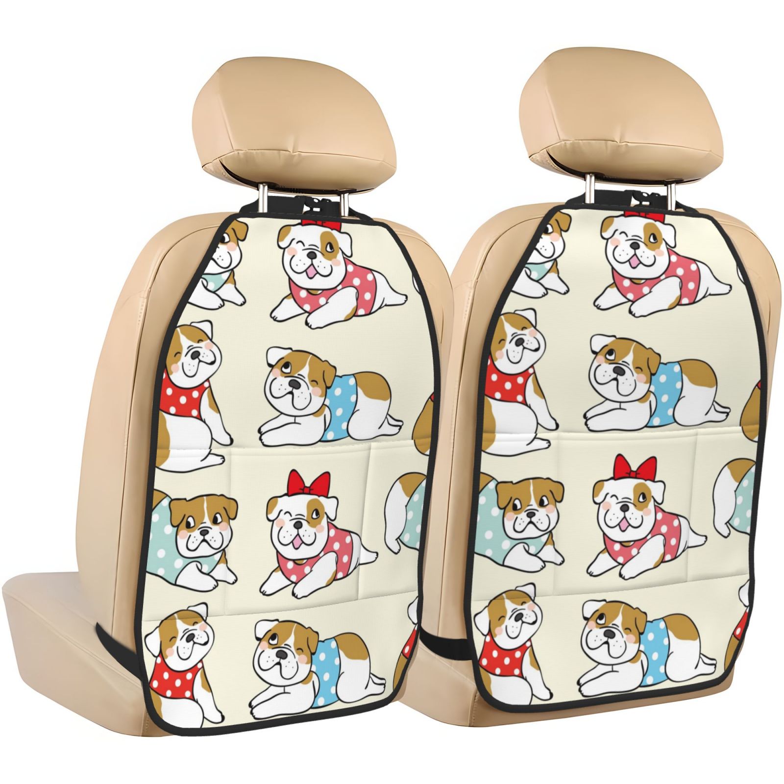 Kdxio Cute Bull Dog Print 2 Pack Car Kick Mat Seat Cover Back Protector Mat with Pockets for Organizer Backseat Protector and Storage Anti Kick Pad for Vehicles