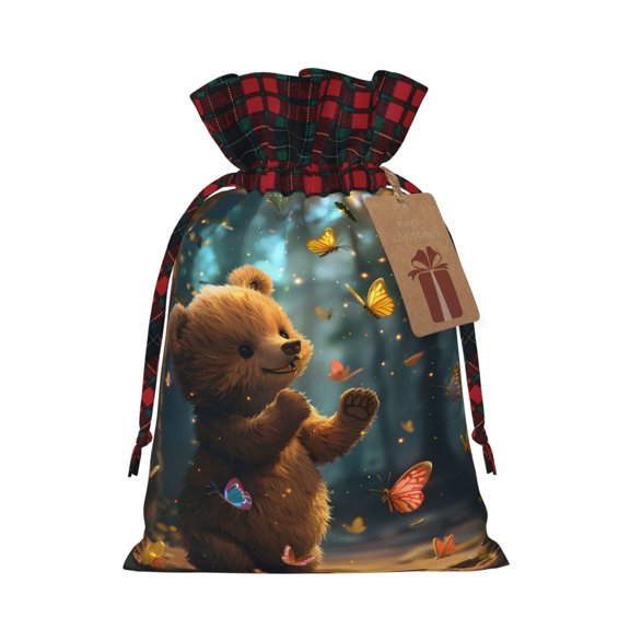 Kdxio Cute Butterfly Bear Christmas Drawstring Bags Xmas Buffalo Plaid Candy Bags Linen Treat Bags Christmas Gift Bags for Presents-Black
