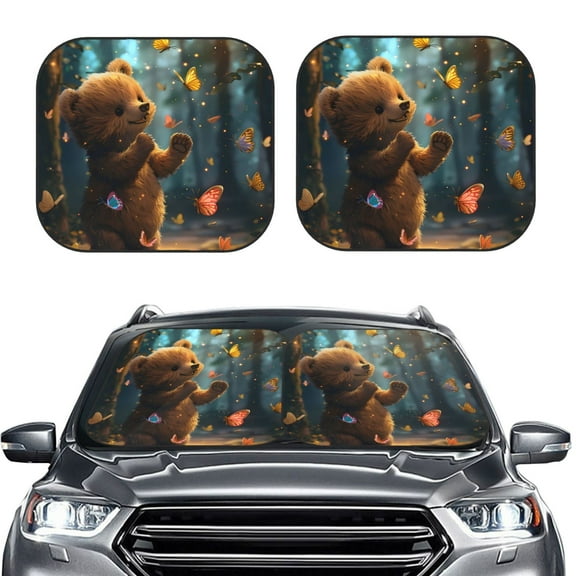 Kdxio Cute Butterfly Bear Print 2-Piece Sun Shade Front Windshield - Foldable Car Front Window Sunshades for Most Sedans SUV Truck
