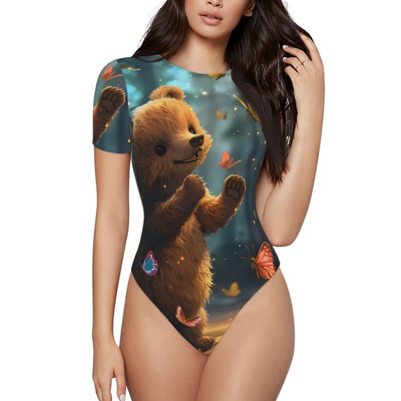 Kdxio Cute Butterfly Bear for Women's Short-Sleeved Onesie Stylish Round Neck Pajamas Bodysuit Jumpsuit Nightwear-Large