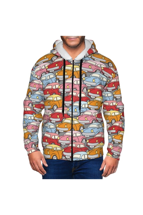 Cute Cars Print Men Hoodies Casual Hoodies for Men with Zip Pockets Full Zip Long Sleeve Sweatshirt Sports Hooded Jacket-Small
