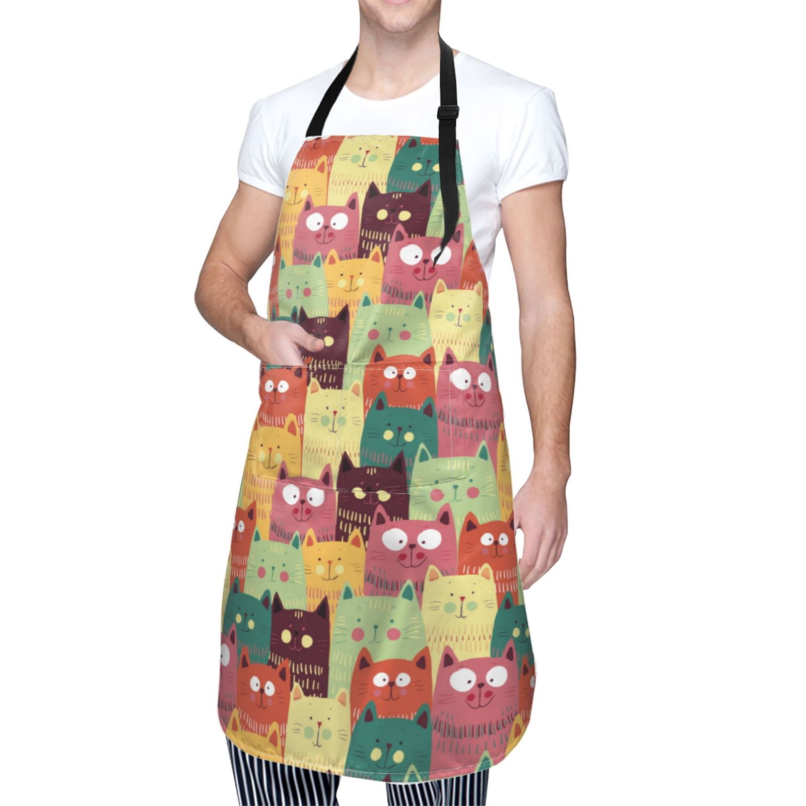 Kdxio Cute Cartoon Cat Apron with Pockets Adjustable Kitchen Aprons for Men Women Waterproof Aprons for Cooking,Drawing,Crafting, Baking Household Cleaning