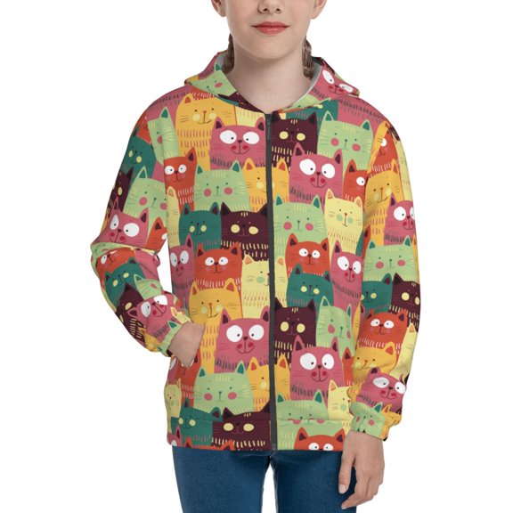 Kdxio Cute Cartoon Cat Pattern Kids Boys Girls Zip Up Hoodie 3D Printed Hooded Sweatshirt Hoody Coat with Pocket 7-12 Y-Small