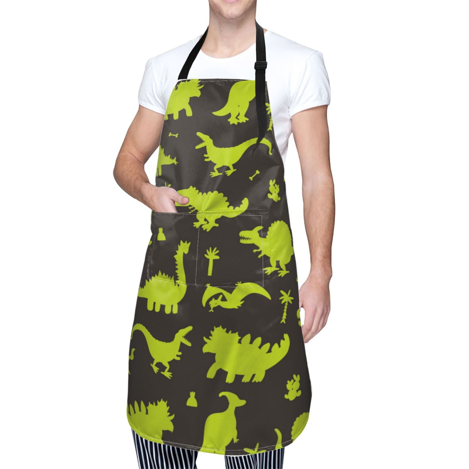 Kdxio Cute Cartoon Dinosaurs Green Silhouette Pattern Apron with Pockets Adjustable Kitchen Aprons for Men Women Waterproof Aprons for Cooking,Drawing,Crafting, Baking Household Cleaning