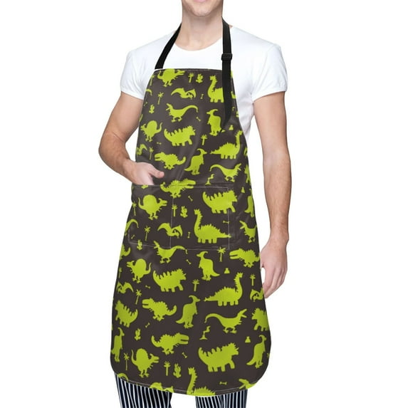 Kdxio Cute Cartoon Dinosaurs Green Silhouette Pattern Apron with Pockets Adjustable Kitchen Aprons for Men Women Waterproof Aprons for Cooking,Drawing,Crafting, Baking Household Cleaning