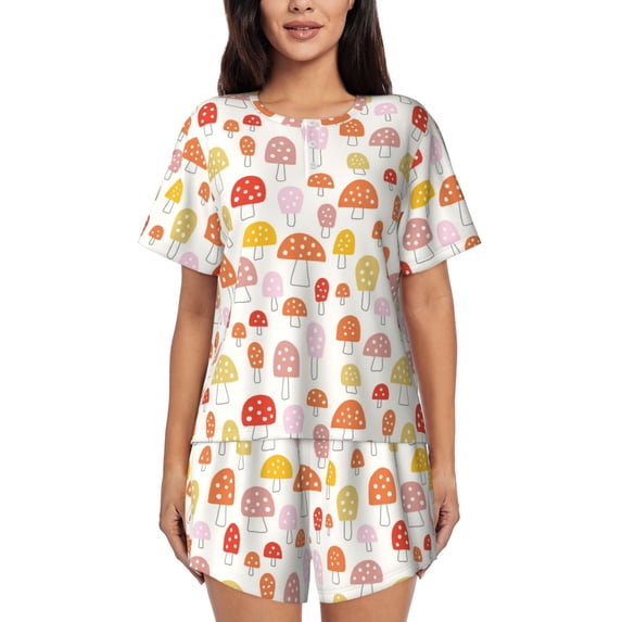 Kdxio Cute Cartoon Mushrooms Print Pajamas Sets for Women Short-Sleeved Pjs with Lounge Shorts Two Piece Sleepwear S-4XL