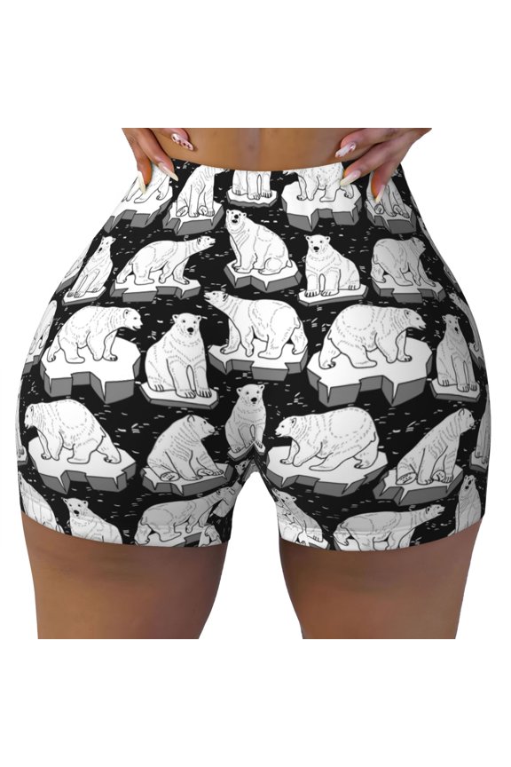 Cute Cartoon Polar Bear Print Workout Shorts for Women Seamless Soft Smooth Gym Yoga Scrunch Active Shorts